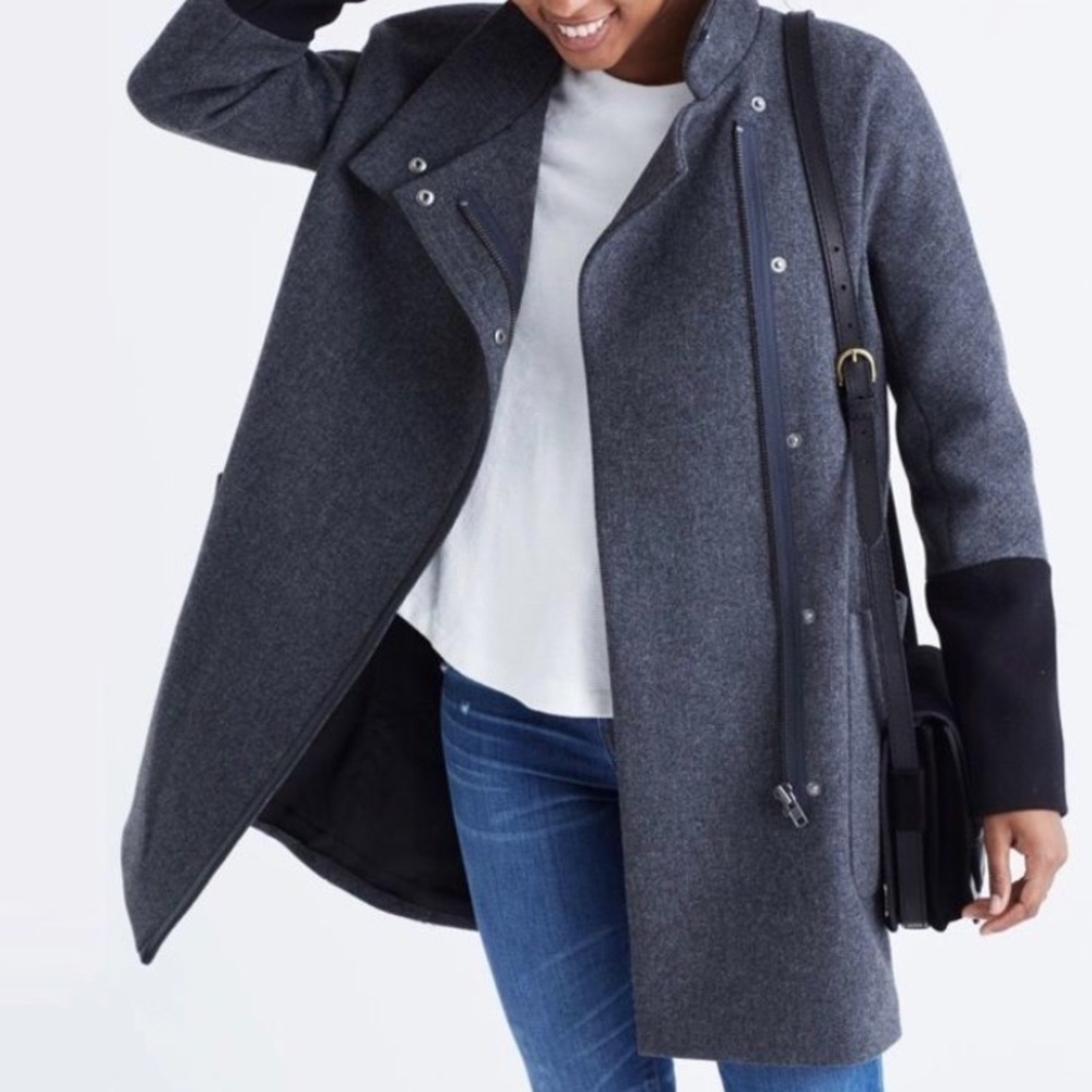 Madewell City Grid Color Block Cocoon Leather Trim Wool Coat